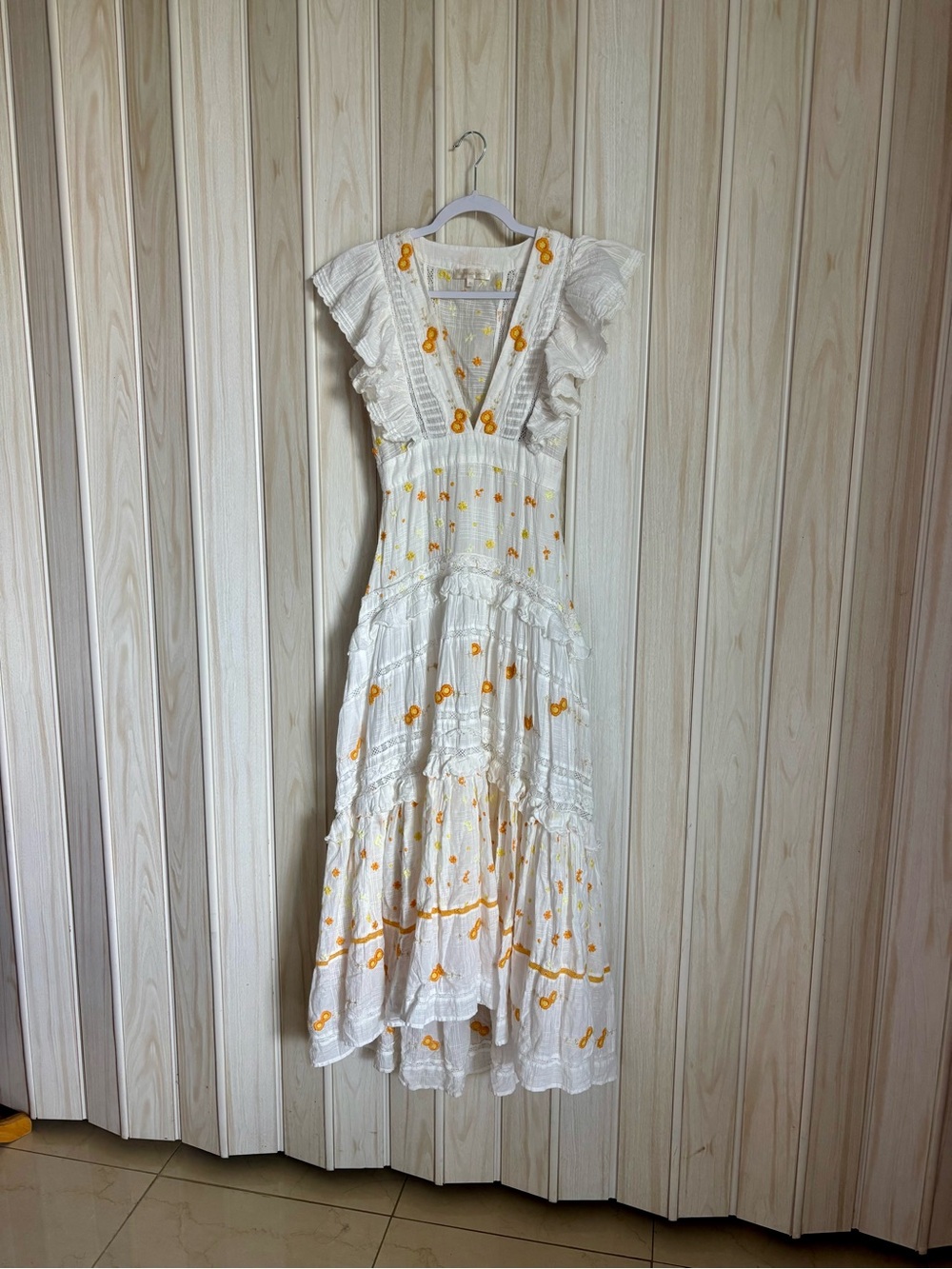 LoveShackFancy White Maxi Dress with Yellow Floral Accents